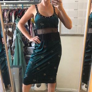 Zara green velvet long dress black lace cutout